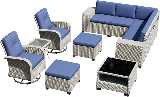 11-Piece Outdoor Patio Furniture Set, Modular Sectional Sofa Set with Swivel Rocker Chairs & Ottomans, Wicker Outdoor Couch Conversation Sets w/Coffee Table and Cushions, Blue