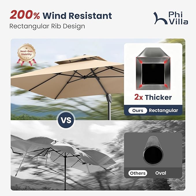 PHI VILLA 9' x 12' Rectangular Cantilever Patio Umbrella with Hydraulic Lift & 360° Rotation – Heavy Duty Windproof Offset Umbrella for Pool, Deck or Garden, Beige