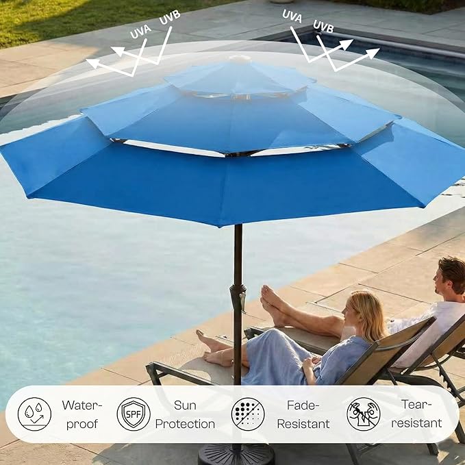 10ft 3-Tier Patio Umbrella with 32 Solar Powered LED Lights, Windproof Outdoor Market Umbrella for Deck, Poolside & Garden, Sturdy Push-Button Tilt Table Umbrella, Royal Blue