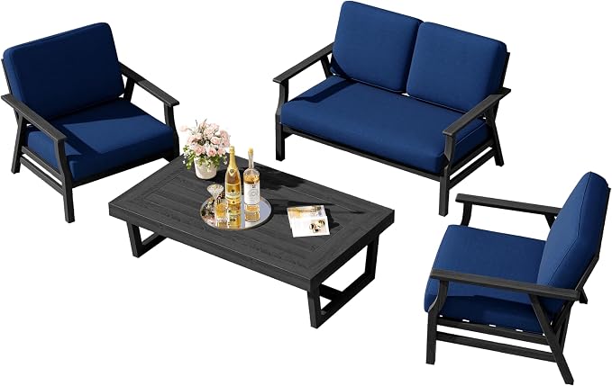 4 Pieces Patio Furniture Sets, Black Wood Outdoor Sectional Furniture with Coffee Table, 4 Seats Patio Sofa Couch Conversation Set for Backyard Deck - Navy