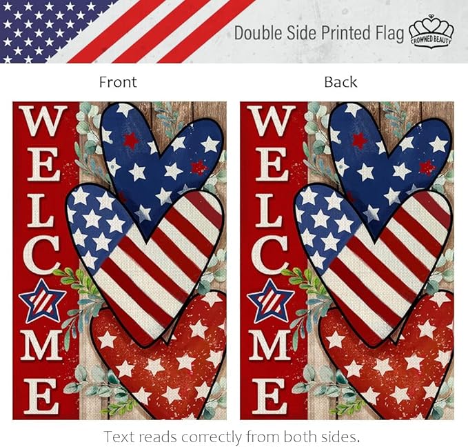 CROWNED BEAUTY 4th of July Patriotic Welcome House Flag 28x40 Inch Double Sided USA Hearts Blue Red Memorial Day Independence Day Outside Yard Party Decoration CF473-40