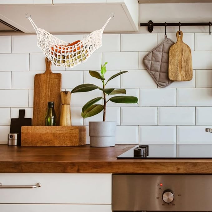 Fruit Vegetable Hammock, 1 Set Beige Handmade Macrame Fruit Hammock with Hooks Cotton Fruit Holder Net Under Cabinet Hanging Fruit & Veggie Basket for Saving Kitchen Space