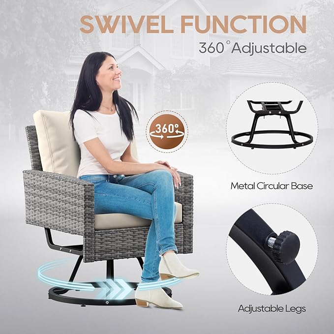 6 Piece Outdoor Furniture Set, Rattan Patio Furniture with 2 Swivel Chairs, 3-Seat Sofa, 2 Ottoman & Side Table, All-Weather Conversation Set for Porch Garden Lawn Balcony (Gray & Beige)