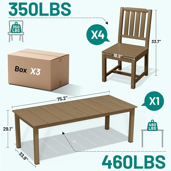 PLUUV 5-Piece Outdoor Dining Set – HDPE Patio Furniture with Aluminum Table, Umbrella Hole, and 4 Armless Chairs, All-Weather Resistant for Garden & Backyard, Brown