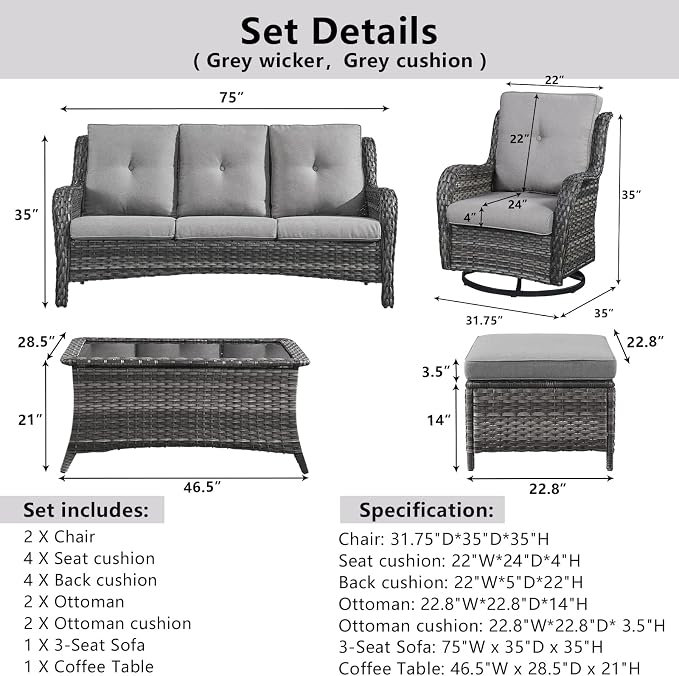 Belord Wicker Outdoor Furniture Patio Furniture Set - 6 Piece Patio Conversation Set with Swivel Rocker Chairs, Rattan Sofa, Ottomans and Coffee Table, Gray Cushion