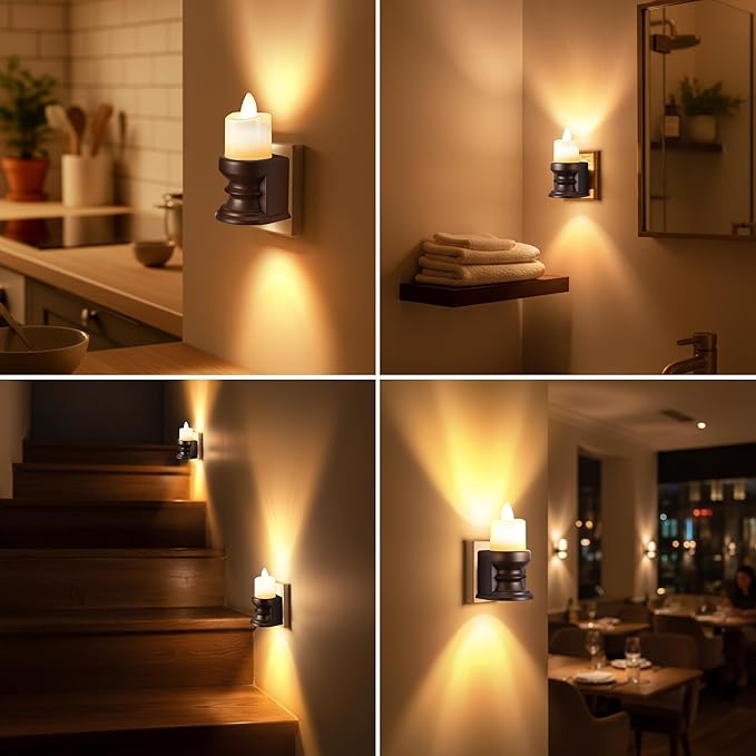 Meonum Flickering Flameless Candle Night Light Plug in, Dimmable LED Nightlight with Dusk to Dawn Sensor, Decorative Candle Light for Bedroom, Hallway, Bathroom(2 Pcs,Warm Yellow & Brown Base)
