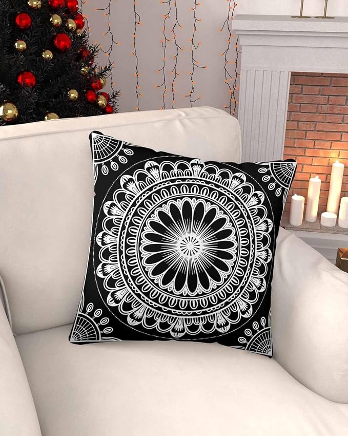 Outdoor Pillow Covers 18x18in Pack of 2 Waterproof Pillowcase Boho Ethnic Mandalas Floral Decorative Throw Cushion Case for Patio Couch Sofa Black White