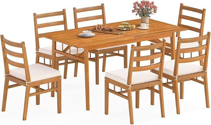 Tangkula 7 Pieces Patio Acacia Wood Dining Set, Outdoor Heavy Duty Rectangular Table with 1.97” Umbrella Hole and 6 Cushioned Chairs, for Deck, Garden and Backyard