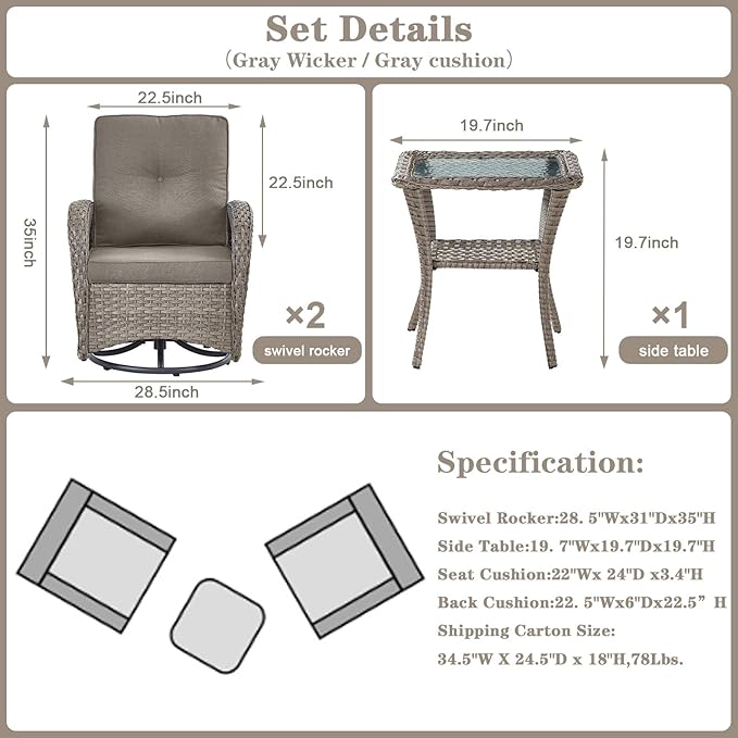 Belord Swivel Patio Chairs Wicker Set - Outdoor Swivel Rocker Chair with Side Table, 3 Piece Patio Glider Chairs Furniture Set with Water-Resistant Cushions for Deck Porch Sunroom Gray