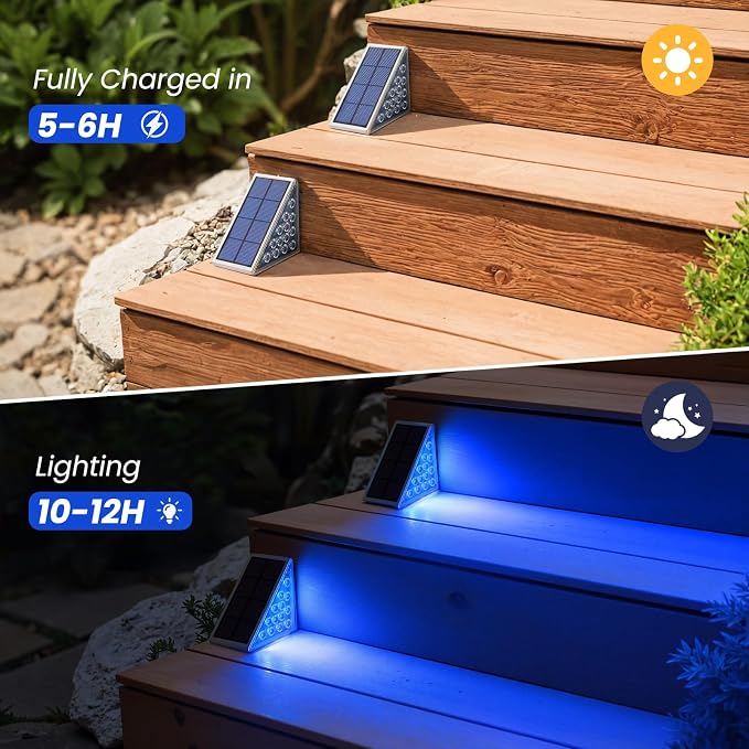 Solar Step Lights,6 Pack Blue LED Outdoor Step Lights, Stair Lights Outdoor for Patio, Fence, Yard, Walkway, Solar Powered Auto On/Off, IP67 Waterproof, Easy Install