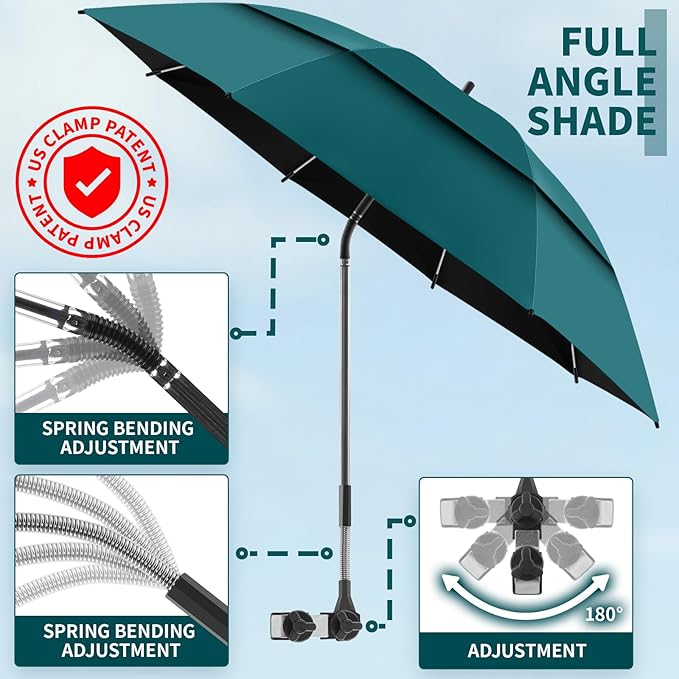 2 Pack 48.6" Double Canopy Beach Umbrella with Clamp, UPF50+ Beach Chair Umbrella with clip, 360°Adjustable Portable Outdoor Wheelchair, Patio, Golf Carts,Camping(Blackish Green, Not Include Chair)
