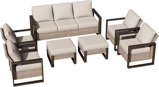 Joyside Outdoor Patio Chairs, 7 Pieces Wicker Rattan Furniture Set, 4 Patio Chairs, 1 Sofa and 2 Ottoman, Metal Wide Armrest, Thick Cushions and Deep Seating for Garden, Backyard, Porch, Deck