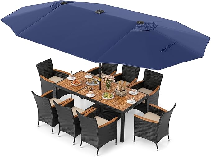 Tangkula 11 Pieces Patio Dining Set with Double-Sided Led Patio Umbrella (Base Included), with 8 Stackable Chairs, Acacia Wood Dining Table and Large Umbrella with Solar Lights (Navy + Off White)