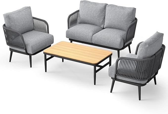 Outdoor Patio Furniture Set 5-Piece, Outdoor 4-Seat Sofa with Coffee Table, Waterproof Thick Cushion Patio Conversation Set, All Weather Outdoor Couch Set for Deck, Lawn, Balcony, Porch