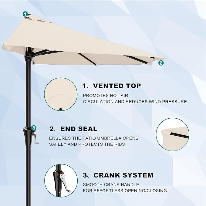 AreShark 9FT Half Patio Umbrella, Outdoor Wall Umbrella with Crank & 5 Sturdy Ribs, Table 1/2 Umbrella Patio for Garden, Deck, Balcony and Pool, Cream White