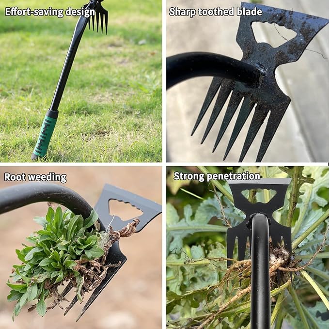 LINGYUE 3Pcs Weed Puller Tool - 6 Teeth Dual Purpose Weed Puller, Manganese Steel Uprooting Weeding Artifact for Yard Garden Farm (with Rubber Gloves)