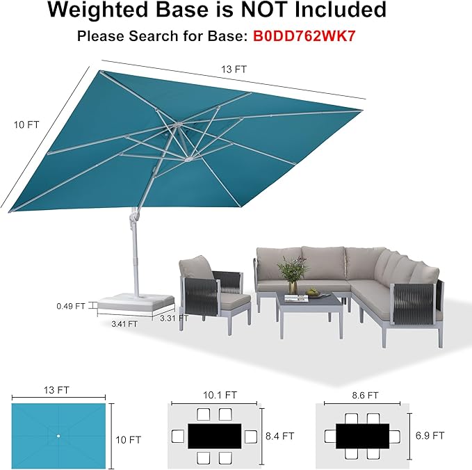 PURPLE LEAF 10' × 13' Patio Umbrella White Cantilever Umbrella Aluminum Square Outdoor Offset Umbrella Hanging Windproof with 360° Rotation for Garden Deck Pool, Turquoise