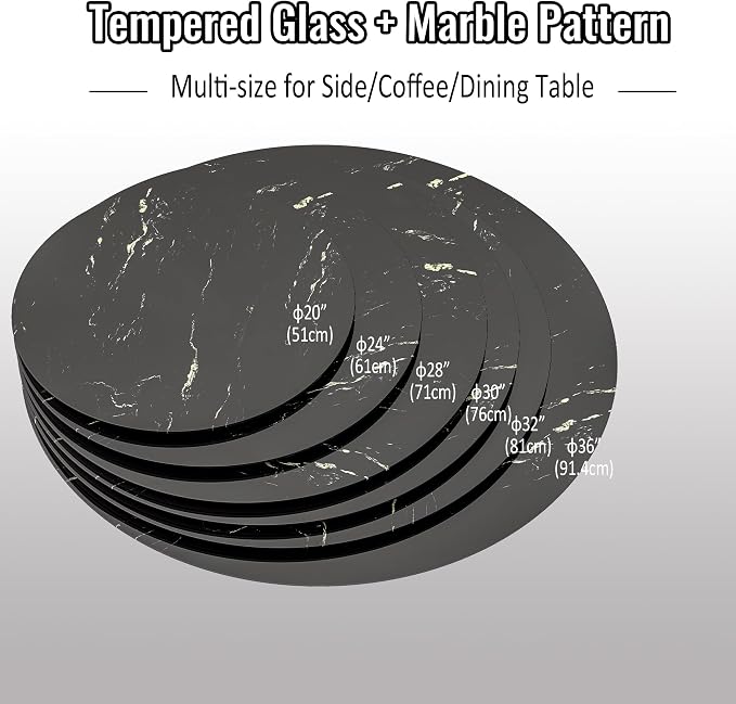 36" Round Tempered Glass Table Top, Marble Glass Surface Protector Heat & Scratch Resistant Multipurpose for Dining, Coffee, Restaurant, Office and End Table (Black Marble Pattern, 36 Inch)