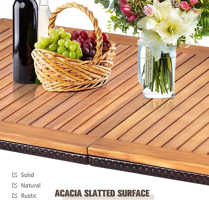 RELAX4LIFE Outdoor Dining Table for 6-8, Acacia Wood Slatted Patio Table w/Umbrella Hole, Wicker Edging, Rust-Proof Steel Legs, Rectangle Outdoor Patio Table for Deck Backyard Pool Side Relaxation
