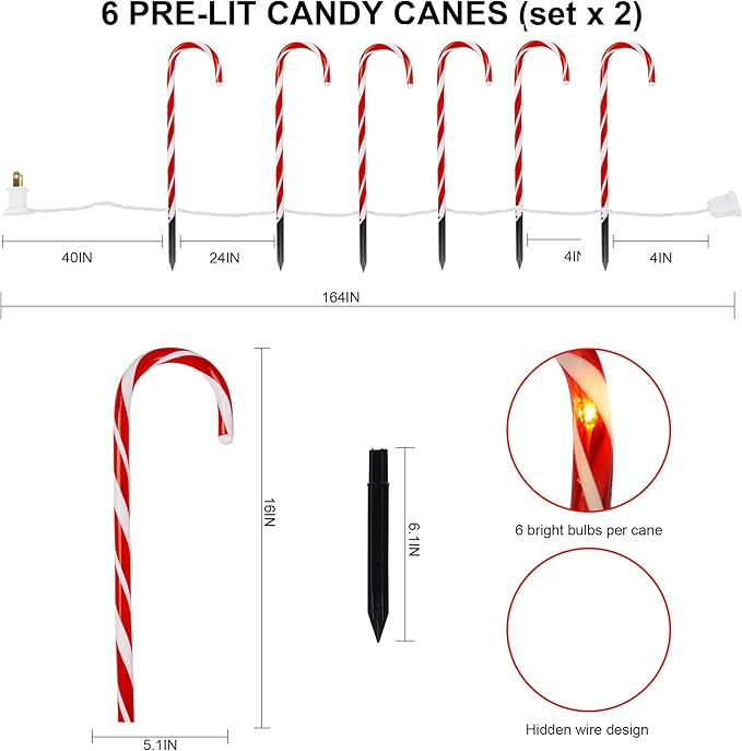 Biswing Christmas Outdoor Candy Cane Lights, 12 Pcs Christmas Pathway Markers with 72 Count Warm White Lights, Connectable for Indoor Outdoor Holiday Walkway Patio Garden Ornament