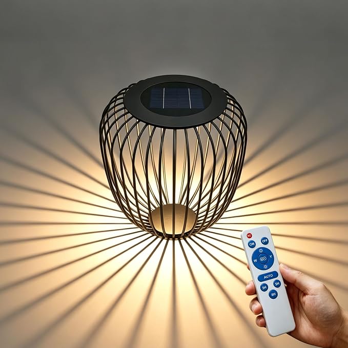 LED Outdoor Side Table, 18 Inch Metal Cage Patio End Table with Bottom LED Light, Solar Powered, 2-in-1 Multi-Purpose Stool, Waterproof Garden Furniture for Balcony Poolside Backyard