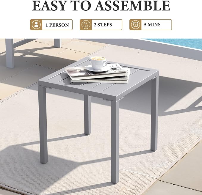 Crestlive Products Aluminum Outdoor Side Table, Pool Lounge Chair Side Table, Weather Resistant Small Square Coffee End Table for Patio, Yard, Garden, Porch, Deck, Indoor, Outdoor (Light Gray)