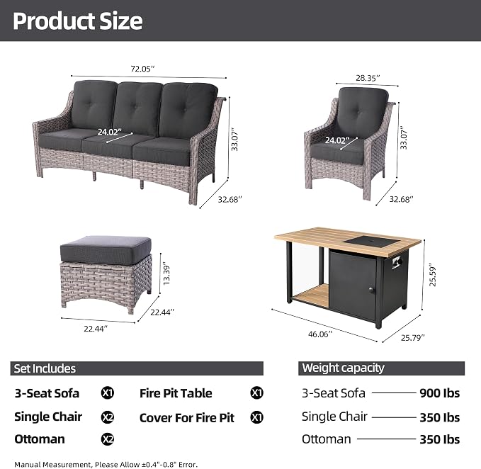 HOOOWOOO 6 Piece Patio Furniture Sets with Fire Pit Table,Outdoor Wicker Furniture Set,All Weather Resistant Outside High Back Rattan Conversation Set for Out Door(Black)