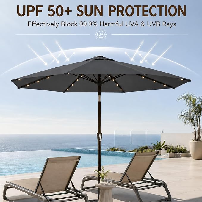 11FT Solar Lighted Patio Umbrella, Outdoor Table Market Umbrellas with Crank Lift, 32 LED Lights, 8 Sturdy Ribs, UV-Resistant for Deck, Garden, Pool
