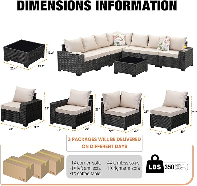 8 Pieces Patio Furniture Set,Wicker PE Rattan Outdoor Sectional with Cushion & Coffee Table, Patio Conversation Sofa for Garden, Backyard, Poolside, Beige