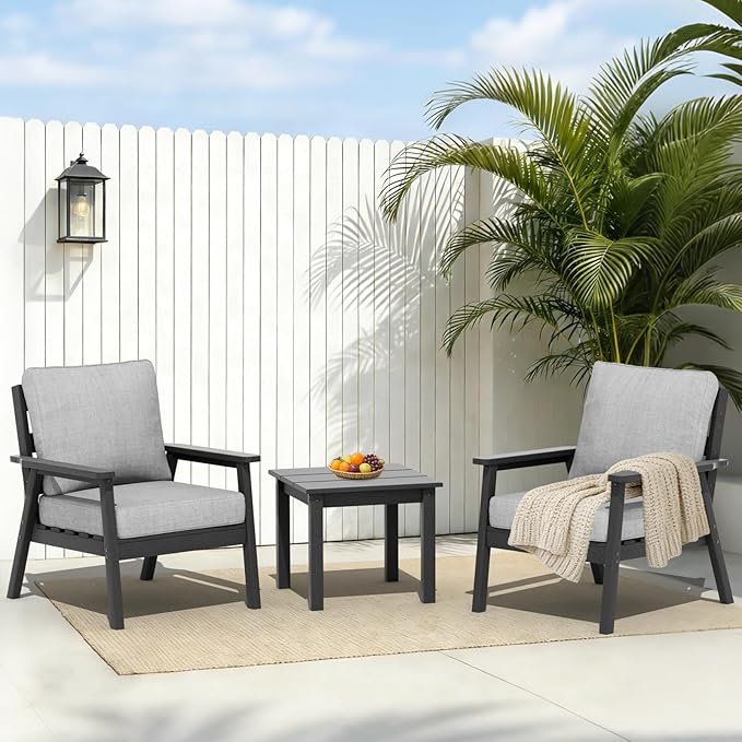 LOUNZY HDPE Patio Furinture Set, 3 Piece Sectional Sofa Outdoor Furniture Set, All Weather Outdoor Couch Set Patio Conversation Set for Deck, Lawn, Black
