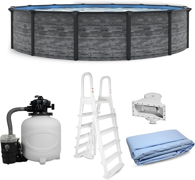 Blue Wave Marbella 15-ft Round 52-in Deep Hard Sided Steel Frame Above Ground Pool with 6-in Steel Top Seats, 0.5 HP Sand Filter System, Ladder, Skimmer & Liner – 5,130-Gallon Capacity for Family Use