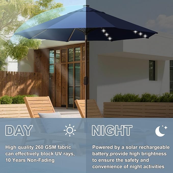 EliteShade USA 10-Year-Non-Fading 10ft Market Patio Umbrella, Commercial Grade Table Sun Umbrella with 80 Solar LED Lights, Crank Open, Windproof & UPF 50+ UV Protection for Garden, Deck, Pool, Backyard, Navy Blue