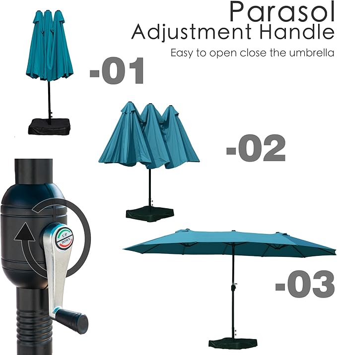 Kozyard 15 FT Rectangular Double-Sided Patio Umbrella with Solar Lights, Outdoor Patio Umbrella with Crank Lift, Base Included, UV-Resistant for Pool, Backyard & Garden Blue