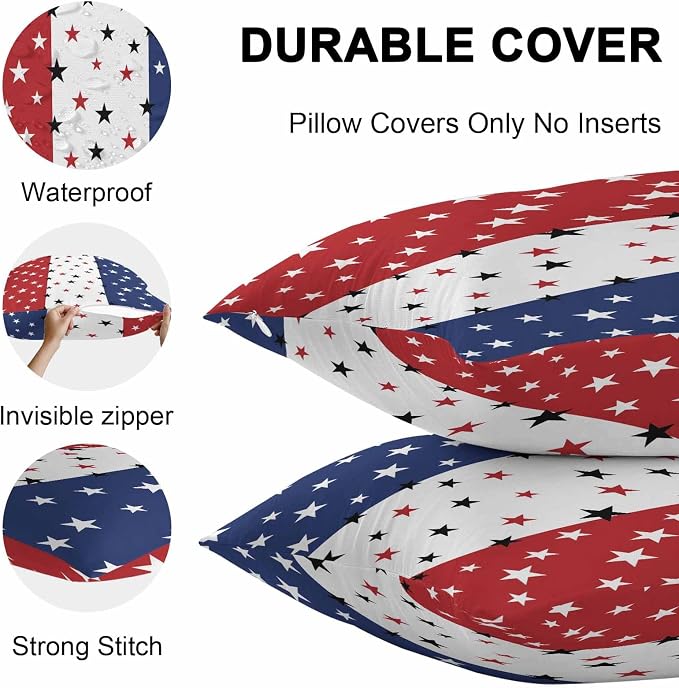 Vandarllin Outdoor Throw Pillows Covers 16X16 Set of 2 Waterproof July 4th Decorative Zippered Cushion Covers for Patio Furniture, Red White Blue Lumbar Pillowcases Independence Day Americana Stars