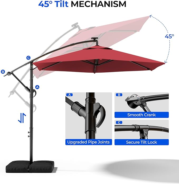 HOMSHADE 10FT Offset Patio Umbrella with Solar Lights, Outdoor Patio Umbrella with Base Included, Easy Tilt and UPF50+ Cantilever Market Hanging Umbrellas for Pool, Deck, Garden, Patio (Red)