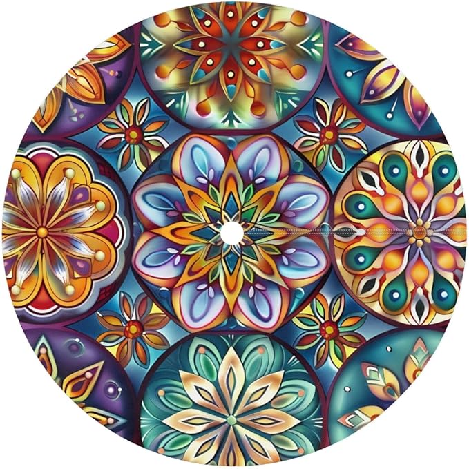 OSAM SPACE Outdoor Tablecloth with Umbrella Hole, Round Elastic Fitted Table Cloth with Invisible Zipper,Dark Colorful Mandala Flower Picnic Patio Table Cover 36-44in