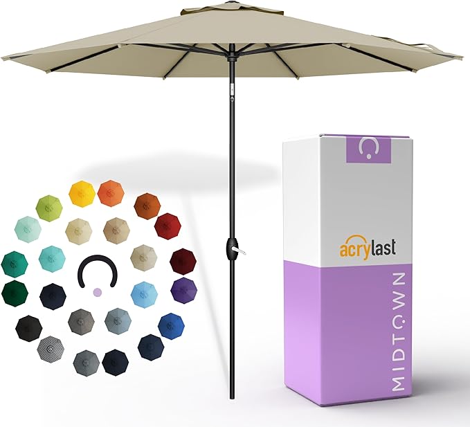 Midtown Umbrellas – The Lean 9 Ft Patio Umbrella with 10-Year-No-Fade Acrylast Acrylic Fabric, Auto-Tilt and 8 Reinforced Ribs for Deck, Pool, Garden, Hotel & Cafes – Sahara Canopy, Black Pole