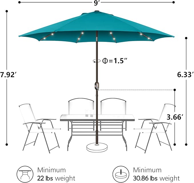 9ft Patio Umbrella with Solar Lights, Outdoor Umbrella with 24 LED Solar Umbrella Lights, Solar Patio Umbrella with Push Botton Tilt & Crank Ideal for Garden, Deck, Backyard & Pool, Teal Green