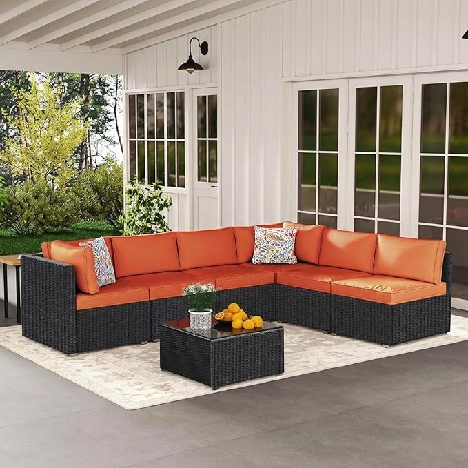 7-Piece Outdoor Patio Furniture Set – Handwoven All-Weather Rattan & 4” Thick Waterproof Cushions, Wicker Outdoor Conversation Sets with Coffee Table for Deck, Backyard, Garden, Black/Orange