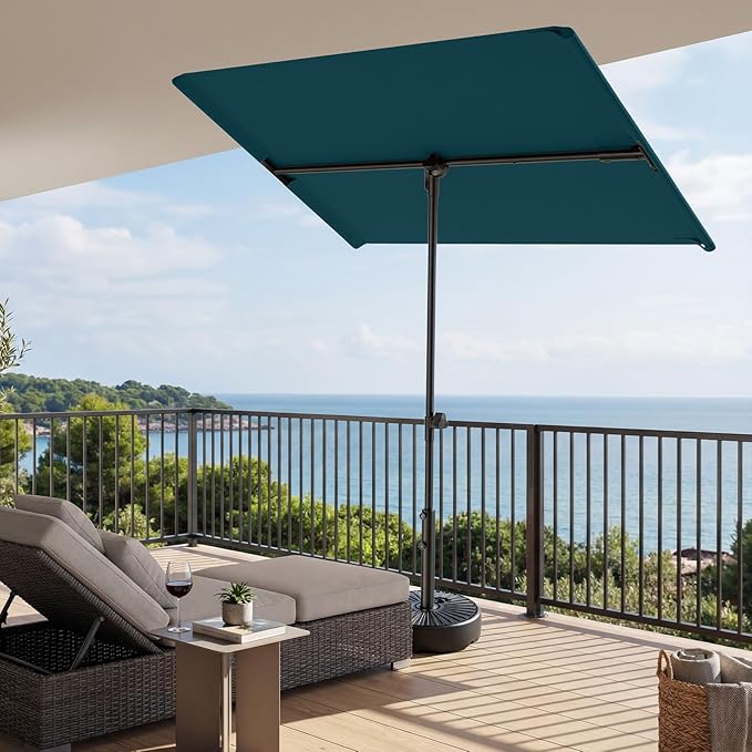 HOMSHADE 6x4ft Outdoor Balcony Umbrella - Flat Porch Pool Patio Umbrella Rectangular Canopy Shade UPF50+ UV Protection 360° Rotating & Tilting All Angles Applicable (Peacock Blue, No Base)