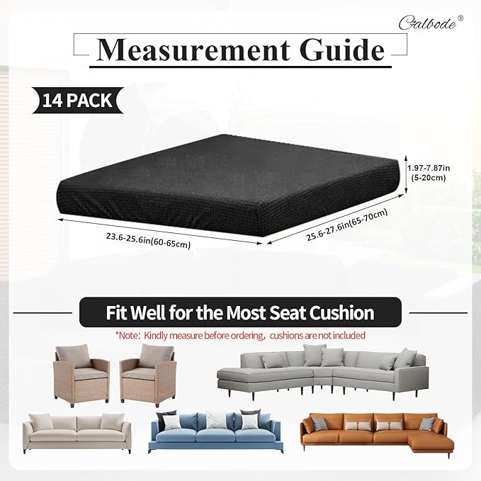 CALBODE 14Pcs Outdoor Stretch Cushion Covers,Waterproof Outdoor Chair Cushion Covers for Patio Furniture, Washable Jacquard Couch Covers Replacement for Patio Furniture(Black, Cover Only)
