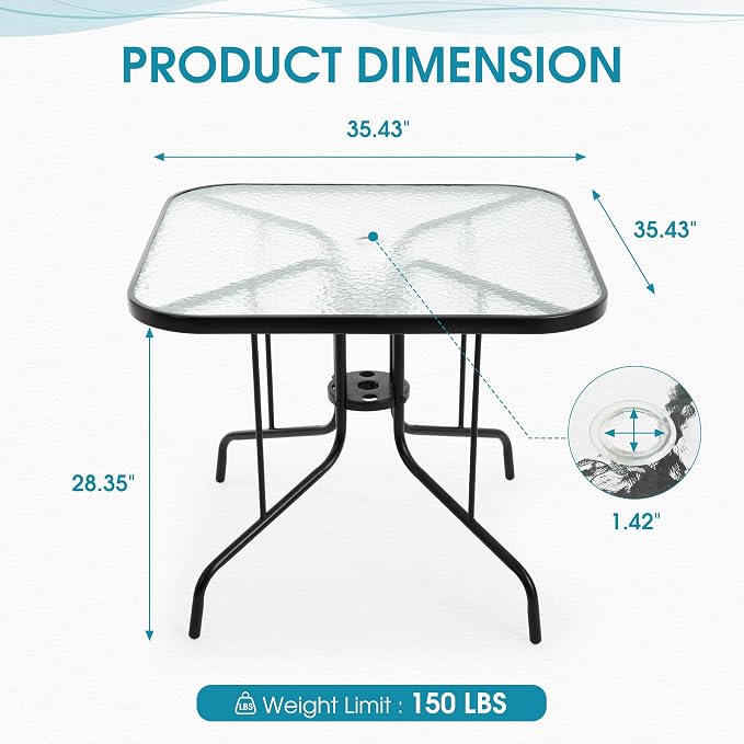 Patio Dining Table for 4 with Umbrella Hole, Outdoor 5 Piece Dining Set 36" x 36", Black, for Garden Backyard Poolside Front Proch Outside