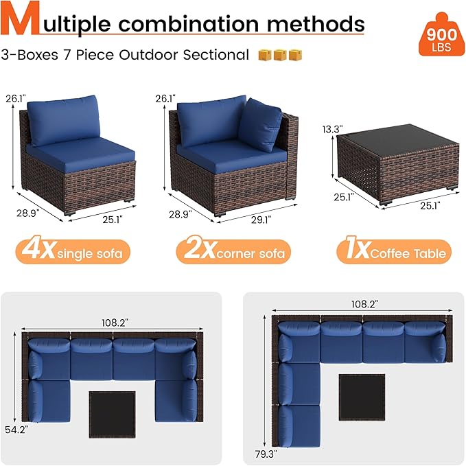 Patio Furniture Set, 7-Piece Outdoor Sectional Rattan Sofa Set with Coffee Table (Navy Blue Cushions with Brown Rattan)