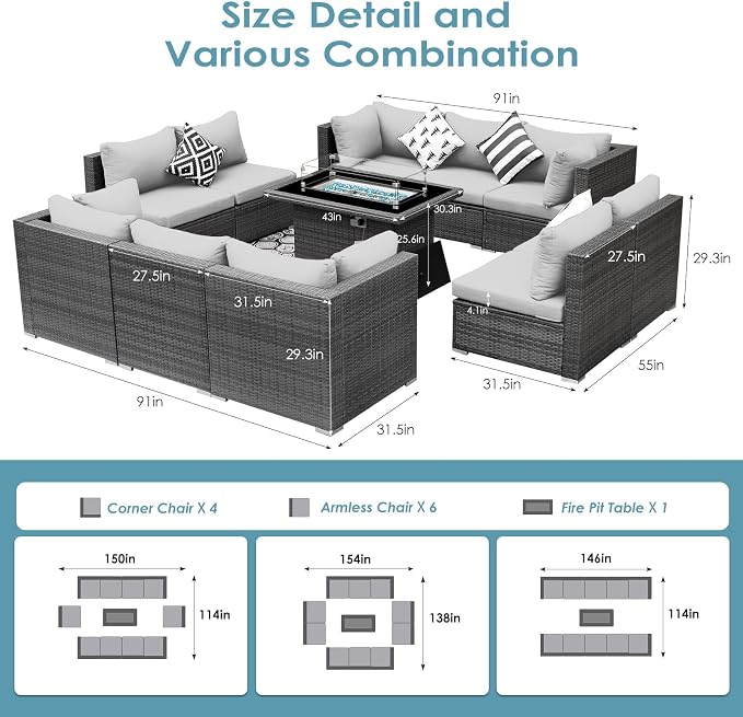 BULEXYARD Large High Back Grey Rattan Patio Furniture Set with Propane/Gas Fire Pit Table, Luxury Deep Wide Seat Outdoor Sectional Sofa, Modern Wicker Modular Conversation Couch (11Pcs-A, Light Grey)