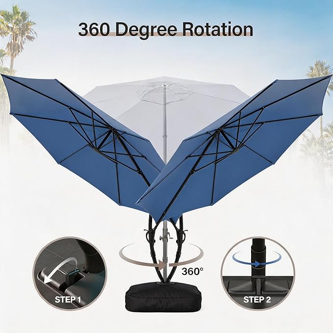 LAUSAINT HOME 12ft Patio Cantilever Umbrella with Base Included, Outdoor Curvy Round Offset Umbrella, Heavy Duty Aluminum, 360° Rotation for Pool, Deck, Lawn, Backyard (Navy blue)