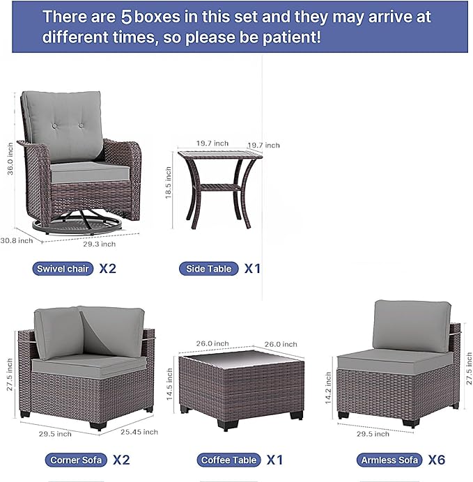 Gotland 12 Pieces Patio Furniture Set with Swivel Chair, PE Rattan Outdoor Furniture with 29.5'' High Backrest 4’’ Thick Cushions Coffee Table, Patio Set for Porch, Deck, Backyard, Gray