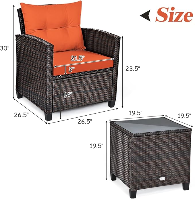 KOTEK 3 Piece Patio Furniture Set, Outdoor Conversation Set with Washable Cushions & Tempered Glass Tabletop, PE Rattan Wicker Bistro Set for Porch, Garden, Balcony (Orange)