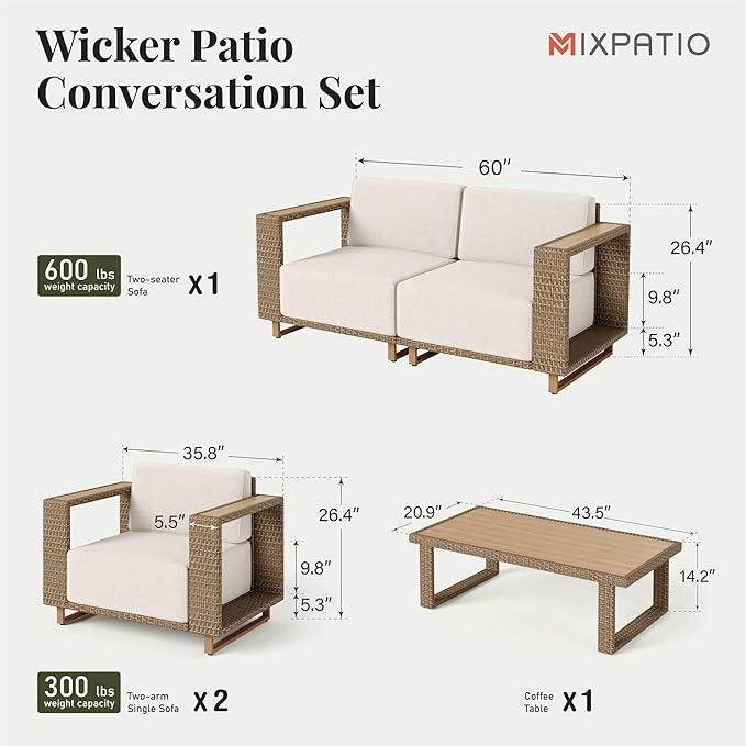 Outdoor Patio Furniture Set, 5 Piece Outdoor Rattan Wicker Sofa Couch, Outdoor Conversation Sets with 2 Single Sofa, 2 Armchairs and Coffee Table for Deck Backyard Lawn