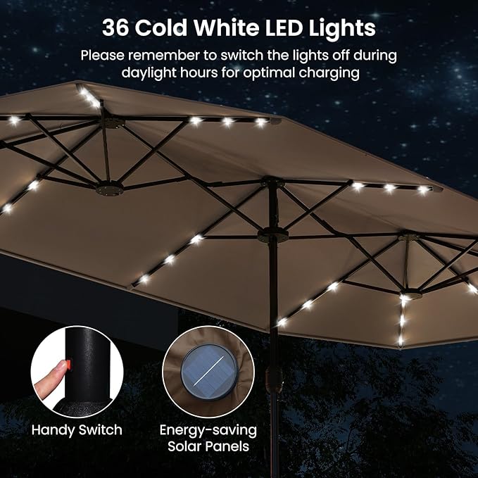 Tangkula 13FT Double-Sided Solar Patio Umbrella, Extra-Large Outdoor Twin Umbrella with 36 LED Lights, Vented Top, Crank Handle, 12 Ribs, Weighted Base Included for Backyard Poolside Deck (Tan)