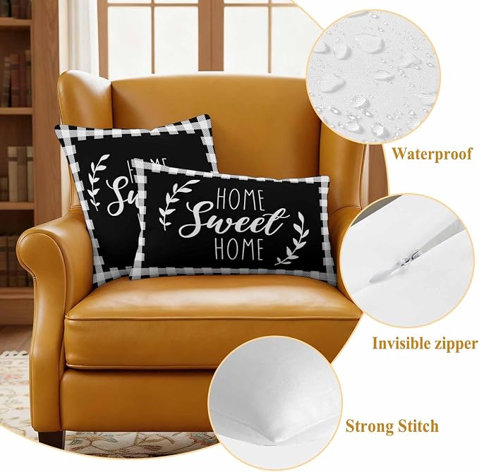 Home Sweet Home Waterproof Outdoor Pillow Covers Set of 2 Home Decor, Leaves Black Buffalo Plaid Pillowcase Patio Pillow Covers for Couch Bench Patio Furniture Garden 18x18in